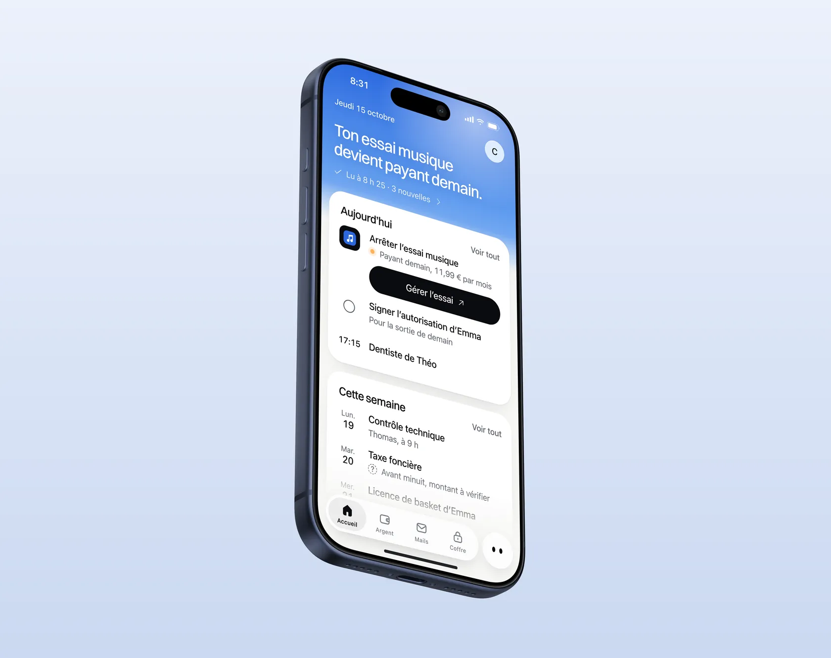L'appli Horizon sur un iPhone : « Ton essai musique devient payant demain. »