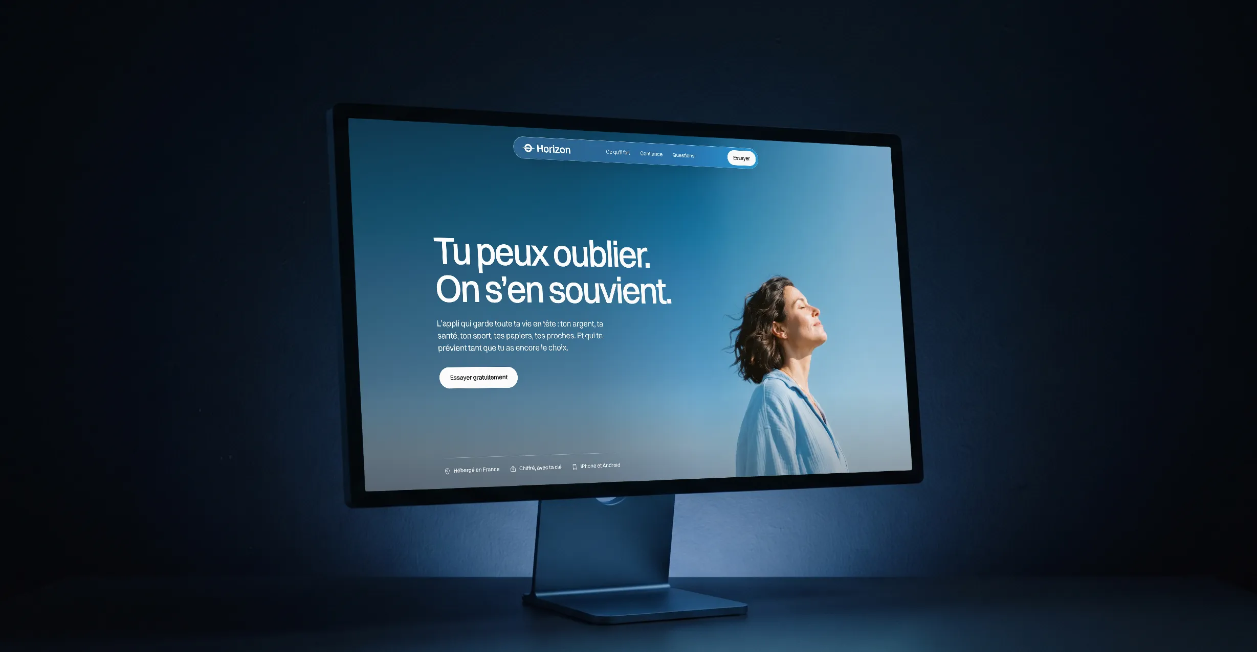 La page de lancement d'Horizon sur un écran : « Tu peux oublier. On s'en souvient. »